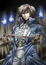 Rule 34 | 1boy, belt, brown hair, castlevania (series), castlevania: symphony of the night, evil, gloves, highres, jacket, konami, long hair, male focus, red eyes, richter belmont, solo, tukiwani, weapon, whip, yellow eyes