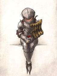 Rule 34 | 1girl, armor, blonde pubic hair, closed eyes, crossed ankles, full armor, full body, gothic-chan (ironlily), head down, helmet, highres, ironlily, original, own hands clasped, own hands together, simple background, solo, sweat