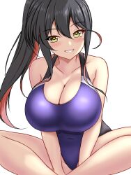 Rule 34 | 1girl, alternate costume, alternate hairstyle, black hair, black one-piece swimsuit, blush, breasts, cleavage, collarbone, competition swimsuit, covered navel, highres, indian style, kantai collection, large breasts, long hair, looking at viewer, montemasa, multicolored hair, naganami (kancolle), one-hour drawing challenge, one-piece swimsuit, pink hair, ponytail, purple one-piece swimsuit, ribbon, sitting, smile, solo, swimsuit, twitter username, two-tone hair, two-tone swimsuit, yellow eyes