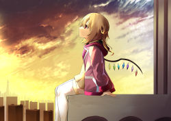 Rule 34 | 1girl, absurdres, arm support, blonde hair, building, commentary, feet out of frame, flandre scarlet, from side, highres, kaeremu, looking up, medium hair, orange sky, outdoors, pink sweater, profile, red eyes, side ponytail, sky, skyscraper, solo, sweater, thighhighs, touhou, white thighhighs, wings