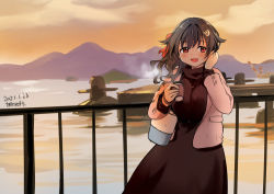 Rule 34 | 1girl, :d, alternate costume, artist name, black dress, black hair, blush, dated, dress, hair between eyes, hair flaps, hair ornament, holding, jacket, jewelry, jingei (kancolle), kantai collection, kirisawa juuzou, long hair, mountain, necklace, ocean, one-hour drawing challenge, open clothes, open jacket, open mouth, red eyes, smile, solo, white jacket