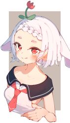 Rule 34 | 1girl, :q, animal ears, blush, braid, braided bangs, breasts, extra ears, flower, flower on head, highres, lop rabbit ears, necktie, original, rabbit ears, rasusurasu, red eyes, red necktie, sailor collar, shirt, short hair, sketch, small breasts, solo, tongue, tongue out, upper body, white hair