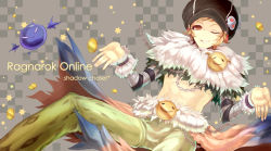 Rule 34 | 1boy, alternate color, black headwear, black jacket, cabbie hat, chain, character name, coin, commentary request, copyright name, demon wings, deviling, feet out of frame, fur collar, green pants, grin, hat, hat ornament, jacket, looking at viewer, male focus, one eye closed, pants, q qree, ragnarok online, shadow chaser (ragnarok online), short hair, shrug (clothing), skull hat ornament, slime (creature), smile, smiley face, star (symbol), wings