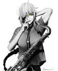 Rule 34 | 1girl, arm behind head, artist name, braid, braided ponytail, closed mouth, commentary, darkpulsegg, english commentary, eyepatch, finger to mouth, girls&#039; frontline, greyscale, hair between eyes, highres, holding, holding instrument, instrument, lips, long hair, looking at viewer, m16a1 (girls&#039; frontline), mole, mole under eye, monochrome, necktie, pants, saxophone, shirt, short sleeves, solo, upper body, white background, yellow eyes