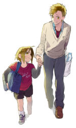 Rule 34 | 2boys, age difference, ahoge, alphonse elric, annoyed, backlighting, badge, bag, beige cardigan, black shorts, blonde hair, blue shirt, brothers, brown footwear, cardigan, child, closed mouth, clothes writing, collared shirt, edward elric, frown, full body, fullmetal alchemist, grey footwear, grey pants, height difference, holding hands, layered sleeves, loafers, long sleeves, looking at another, looking down, looking up, male focus, medium hair, milk carton, multiple boys, necktie, noako, open mouth, pants, parted bangs, plastic bag, red neckwear, red shirt, school bag, school uniform, shadow, shirt, shoes, short over long sleeves, short sleeves, shorts, shoulder bag, siblings, side-by-side, simple background, sneakers, socks, standing, sweatdrop, swept bangs, time paradox, walking, white background, white legwear, yellow eyes