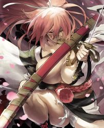 Rule 34 | 1girl, amputee, baiken, big hair, black kimono, breasts, cherry blossoms, cleavage, clenched teeth, falling petals, guilty gear, highres, holding, holding sword, holding weapon, jako (toyprn), japanese clothes, kataginu, kimono, large breasts, multicolored clothes, multicolored kimono, obiage, obijime, one-eyed, open clothes, open kimono, petals, pink eyes, pink hair, reverse grip, samurai, sarashi, scar, scar across eye, scar on face, sheath, sword, teeth, weapon, white kimono
