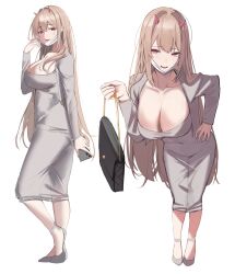 Rule 34 | 1girl, :d, absurdres, alternate costume, bag, breasts, cellphone, cleavage, collarbone, covered navel, cropped jacket, dongtan dress, dress, goddess of victory: nikke, grey dress, hair intakes, highres, holding, holding phone, horns, large breasts, leaning forward, light brown hair, long hair, long sleeves, looking at viewer, mask, mask pull, meme attire, mouth mask, multiple views, open mouth, phone, pink horns, red eyes, ref (pmxt4483), sidelocks, simple background, smartphone, smile, solo, standing, tight clothes, viper (nikke), white background