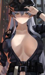 Rule 34 | 1girl, absurdres, arknights, bad id, bad pixiv id, belt, belt pouch, black hat, black shirt, breasts, breasts apart, closed mouth, dragon horns, grey hair, hair between eyes, hand on headwear, hat, highres, horns, huge filesize, large breasts, long hair, looking at viewer, no bra, nvl, official alternate costume, open clothes, open shirt, orange eyes, peaked cap, pouch, saria (arknights), saria (the law) (arknights), shirt, solo, sweat, sweatdrop, upper body, walkie-talkie