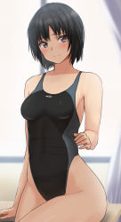 Rule 34 | 1girl, amagami, black hair, black one-piece swimsuit, blue one-piece swimsuit, blush, breasts, brown eyes, classroom, closed mouth, commentary, commentary request, competition swimsuit, curtains, desk, highleg, highleg swimsuit, highres, medium breasts, nanasaki ai, on desk, one-piece swimsuit, partial commentary, raised eyebrows, revision, short hair, sitting, smile, solo, swimsuit, two-tone swimsuit, window, yoo tenchi