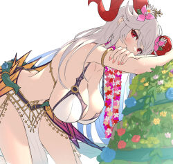 Rule 34 | 1girl, bent over, bikini, blush, breasts, butt crack, cleavage, colored inner hair, duplicate, female focus, fire emblem, fire emblem heroes, flower, flower necklace, freyja (fire emblem), gonzarez, grey hair, highres, horns, jewelry, large breasts, long hair, looking at viewer, midriff, multicolored hair, nail polish, necklace, nintendo, official alternate costume, pelvic curtain, red eyes, simple background, smile, solo, swimsuit, white background