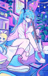 Rule 34 | 1girl, ahoge, artist name, blonde hair, blue eyes, blue hair, blush, book, boombox, cable, cassette tape, cat-shaped pillow, ceiling light, character request, chromatic aberration, clock, collared shirt, doll, electric guitar, full body, guitar, hair ornament, hairclip, hatsune miku, heart, highres, holding, holding instrument, indoors, instrument, kagamine rin, long hair, long sleeves, looking at viewer, maegjuw, monitor, necktie, neon palette, open mouth, plant, pleated skirt, potted plant, screentones, shelf, shirt, shoes, sitting, skirt, sneakers, socks, solo, star (symbol), sweater vest, twintails, vaporwave, very long hair, vocaloid, window, wooden floor