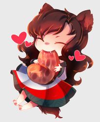 Rule 34 | 1girl, absurdres, animal ears, animal hands, brown hair, chibi, closed eyes, dress, dungeon toaster, eating, fang, food, full body, heart, highres, huge filesize, imaizumi kagerou, long hair, long sleeves, meat, off shoulder, saliva, self-upload, simple background, solo, steak, tail, touhou, wolf ears, wolf tail