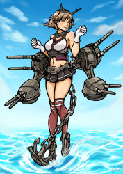 Rule 34 | 10s, 1girl, anchor, artist name, bare shoulders, blue sky, breasts, brown hair, caiman pool, chain, cleavage, cloud, commentary, day, full body, gloves, green eyes, hair between eyes, headgear, highres, kantai collection, kikumon, microskirt, midriff, mutsu (kancolle), navel, outdoors, over-kneehighs, pleated skirt, red thighhighs, short hair, skirt, sky, smile, standing, standing on liquid, thighhighs, turret, water, white gloves
