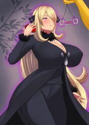 Rule 34 | 1girl, aura, black coat, black pants, blonde hair, blush, breasts, cleavage, coat, coin, coin on string, commentary request, creatures (company), cynthia (pokemon), fur-trimmed sleeves, fur collar, fur trim, game freak, gen 1 pokemon, grey eyes, hair ornament, hair over one eye, hand up, highres, holding, holding pendulum, holding poke ball, huge breasts, hypno, hypnosis, long hair, looking at object, mind control, nintendo, out of frame, pants, parted lips, pendulum, poke ball, poke ball (basic), pokemon, pokemon (creature), pokemon dppt, purple pupils, skyloveit, solo focus, symbol-shaped pupils, very long hair