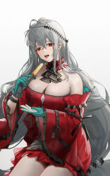 Rule 34 | 1girl, aqua gloves, arknights, breasts, cleavage, commentary request, detached sleeves, dress, food, gloves, gradient background, grey background, grey hair, highres, holding, holding food, holding popsicle, large breasts, long hair, long sleeves, no headwear, open mouth, popsicle, red dress, red eyes, sitting, skadi (arknights), skadi the corrupting heart (arknights), solo, thighs, very long hair, yuuki mix