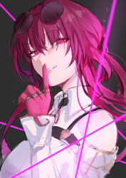 Rule 34 | 1girl, breasts, collared shirt, commentary, eyewear on head, finger to mouth, gloves, glowing, glowing eyes, grey background, hair over eyes, highres, honkai: star rail, honkai (series), index finger raised, kafka (honkai: star rail), large breasts, lips, long bangs, long hair, long sleeves, looking at viewer, maria (syake-uni), parted lips, pink gloves, purple eyes, purple hair, red eyes, round eyewear, shirt, simple background, solo, sunglasses, tinted eyewear, upper body, white shirt