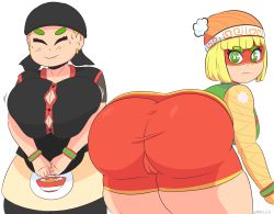 Rule 34 | 1girl, absurdres, annoyed, arms (game), ass, bandana, blonde hair, breasts, cameltoe, closed eyes, dual persona, from behind, green eyes, green hair, hat, highres, huge ass, huge breasts, large breasts, leaning, leaning forward, looking at viewer, looking back, mano g70, mask, min min (arms), shiny clothes, short hair, shorts, sideboob, smile