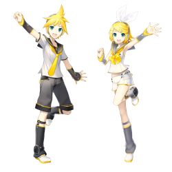 Rule 34 | 1boy, 1girl, aqua eyes, blonde hair, boots, bow, brother and sister, detached sleeves, full body, hand up, headphones, highres, ixima, kagamine len, kagamine len (vocaloid4), kagamine rin, kagamine rin (vocaloid4), necktie, official art, open mouth, sailor collar, short hair, shorts, siblings, smile, standing, standing on one leg, transparent background, twins, v4x, vocaloid
