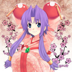 Rule 34 | 1990s (style), 1girl, bad id, bad pixiv id, blue eyes, bow, cherry (saber j), cherry blossoms, floral background, hair bobbles, hair bow, hair ornament, japanese clothes, kimono, long hair, low-tied long hair, mitsunari, purple hair, retro artstyle, saber marionette j, solo
