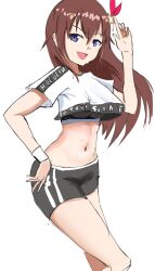 Rule 34 | 1girl, angelchama, black shorts, breasts, brown hair, crop top, crop top overhang, hair ornament, highres, hololive, hololive dance practice uniform, looking at viewer, medium breasts, navel, official alternate costume, open mouth, purple eyes, shirt, short shorts, shorts, smile, solo, star (symbol), star hair ornament, tokino sora, virtual youtuber, white shirt