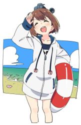 Rule 34 | 1girl, anchor, anchor symbol, beach, blush, brown hair, closed eyes, cloud, day, headgear, holding, hood, hood down, hooded jacket, innertube, jacket, kantai collection, long sleeves, name tag, ocean, one-piece swimsuit, open mouth, outdoors, outside border, sand, shell, short hair, sky, solo, swim ring, swimsuit, swimsuit under clothes, tonmoh, yukikaze (kancolle), zipper