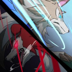 Rule 34 | alternate form, animal ears, blue eyes, claws, closed mouth, creatures (company), day, dual persona, fangs, game freak, gen 7 pokemon, glowing, glowing eyes, looking to the side, lycanroc, lycanroc (midday), lycanroc (midnight), night, nintendo, no humans, open mouth, pokemon, pokemon (creature), pokemon sm, red eyes, sorairo (18391611), wolf ears