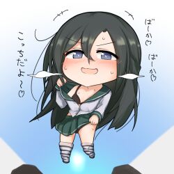 Rule 34 | +++, 1girl, :d, black bra, black hair, black panties, black thighhighs, blue eyes, blush, bra, check translation, chibi, commentary request, drone, fairy (girls&#039; frontline), full body, girls&#039; frontline, green sailor collar, green skirt, hair between eyes, heart, heart in eye, heavy breathing, hologram, lifting own clothes, long hair, long sleeves, looking at viewer, loose thighhigh, mesugaki, no shoes, open mouth, panties, partially unbuttoned, pleated skirt, sailor collar, school uniform, serafuku, shirt, simple background, skirt, smile, solo, striped clothes, striped thighhighs, sweat, symbol in eye, taunt fairy (girls&#039; frontline), taunting, thighhighs, translation request, underwear, v-shaped eyebrows, white background, white shirt, white thighhighs, yotubawatane