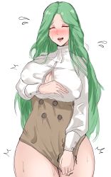 Rule 34 | 1girl, absurdres, alternate costume, blush, breasts, closed eyes, clothes tug, covered erect nipples, embarrassed, female focus, fire emblem, fire emblem: three houses, flying sweatdrops, garreg mach monastery uniform, green hair, highres, huge breasts, kahun9893, nintendo, open mouth, rhea (fire emblem), simple background, smile, solo, standing, sweat, white background