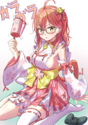 Rule 34 | 1girl, ahoge, alternate costume, bespectacled, breasts, commentary request, controller, detached sleeves, game controller, glaring, glasses, green eyes, highres, holding, holding rattle, hololive, jitome, long hair, medium breasts, qussie, rattle, ribbon, sakura miko, sideboob, solo, thighhighs, virtual youtuber, white background
