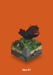Rule 34 | absurdres, animal, boulder, bush, commentary request, dead animal, diorama, gozz, hiding, highres, horns, isometric, moss, open mouth, orange background, original, plant, purple eyes, standing on animal, turtle
