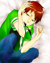 Rule 34 | 1boy, absurdres, bed sheet, ben 10, ben 10: omniverse, ben tennyson, brown hair, fetal position, green eyes, hand on own face, highres, lying, male focus, mouth hold, omnitrix, open mouth, rohi (luzi), short hair, solo