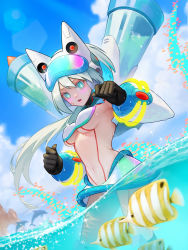 Rule 34 | 1girl, absurdres, blue eyes, blush, body markings, breasts, dolphin, facial mark, fish, highres, ico (megaman x dive), mechanical arms, mega man (series), mega man x (series), mega man x dive, ocean, robot girl, swimsuit, tagme, underboob, water, white hair