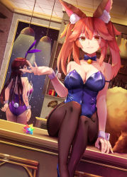Rule 34 | 2girls, alternate costume, animal ear fluff, animal ears, black legwear, blue leotard, breasts, cup, detached collar, drinking glass, dying (dying0414), fake animal ears, fate/grand order, fate (series), fishnet pantyhose, fishnets, fox ears, fox girl, fox tail, large breasts, leotard, long hair, multiple girls, nontraditional playboy bunny, official alternate costume, pantyhose, pink hair, playboy bunny, purple hair, purple leotard, rabbit ears, rabbit tail, saint quartz (fate), scathach (fate), scathach (piercing bunny) (fate), strapless, strapless leotard, tail, tamamo (fate), tamamo no mae (fate/extra), twintails, wine glass, wrist cuffs, yellow eyes