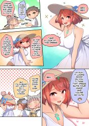 Rule 34 | 1boy, 2girls, absurdres, alternate costume, breasts, chest jewel, comic, dress, english text, hat, highres, large breasts, multiple girls, nia (fancy sundress) (xenoblade), nia (xenoblade), osora (judithandlilith), pyra (xenoblade), red eyes, red hair, rex (xenoblade), short hair, sleeveless, sleeveless dress, straw hat, sun hat, sundress, swept bangs, white dress, xenoblade chronicles (series), xenoblade chronicles 2