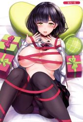 Rule 34 | 1girl, absurdres, areola slip, bdsm, black hair, black pantyhose, blush, bob cut, bondage, bound, bow, bowtie, breasts, choker, food, fruit, hair ornament, highres, large breasts, long sleeves, looking at viewer, lying, melon, melonbooks, miyamoto issa, mole, mole under eye, no bra, on back, open clothes, open shirt, panties, panties under pantyhose, pantyhose, ribbon, ribbon bondage, ribbon choker, scan, shirt, short hair, smile, solo, striped bow, striped bowtie, striped clothes, underwear, x hair ornament, yellow eyes