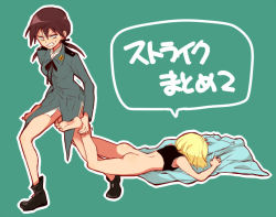 Rule 34 | 2girls, angry, aqua background, ass, bad id, bad pixiv id, barefoot, black ribbon, blonde hair, bob cut, bottomless, brown eyes, brown hair, constricted pupils, dragging, erica hartmann, gertrud barkhorn, hair ribbon, kodamari, lazy, long hair, long sleeves, looking at another, military, military uniform, multiple girls, no panties, outline, ribbon, short hair, simple background, strike witches, twintails, uniform, walking, world witches series