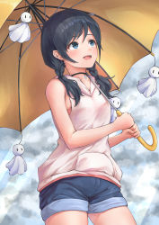 Rule 34 | 1girl, absurdres, amano hina (tenki no ko), b7669726, bare arms, bare shoulders, black hair, blue eyes, blush, breasts, choker, commentary request, cowboy shot, day, highres, holding, holding umbrella, hood, hood down, long hair, low twintails, outdoors, short shorts, shorts, sleeveless, small breasts, smile, solo, tenki no ko, teruterubouzu, twintails, umbrella