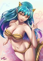 Rule 34 | 1girl, :d, absurdres, animal print, aqua hair, bandeau, bare arms, bare shoulders, bikini, blue hair, caiman pool, collarbone, commentary request, groin, hand up, highres, horns, index finger raised, long hair, lum, multicolored hair, navel, open mouth, pointy ears, purple hair, smile, solo, stomach, strapless, strapless bikini, swimsuit, thighs, tiger print, urusei yatsura, very long hair, yellow bikini, yellow eyes