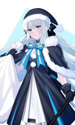 Rule 34 | 1girl, alternate costume, artoria pendragon (all), artoria pendragon (fate), black capelet, black dress, black gloves, black headwear, black ribbon, blue eyes, blush, braid, capelet, closed mouth, commentary request, cosplay, dress, fate/grand order, fate (series), french braid, fur-trimmed capelet, fur-trimmed headwear, fur trim, fuyuki (neigedhiver), gloves, grey hair, hair between eyes, hat, highres, holding, holding sack, long hair, looking at viewer, morgan le fay (fate), ribbon, saber alter, sack, santa alter, santa alter (cosplay), santa costume, santa hat, sidelocks, solo, very long hair