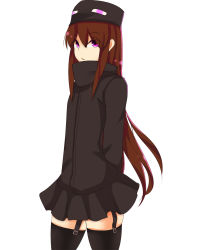Rule 34 | 1girl, absurdres, ander (at2.), at2., black skirt, black thighhighs, brown hair, closed mouth, enderman, expressionless, garter straps, highres, long hair, long sleeves, looking at viewer, minecraft, personification, purple eyes, skirt, solo, thighhighs, very long hair