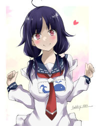 Rule 34 | 1girl, ahoge, animal print, apron, blue sailor collar, fish print, gakky, hair flaps, kantai collection, long hair, looking at viewer, low twintails, neckerchief, one-hour drawing challenge, purple hair, red eyes, red neckerchief, sailor collar, school uniform, serafuku, smile, solo, strap slip, taigei (kancolle), twintails, upper body, whale print, white apron
