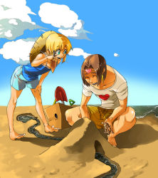 Rule 34 | 3boys, arc system works, beach, bent over, blonde hair, box, bridget (guilty gear), brown hair, cloud, closed eyes, faust (guilty gear), guilty gear, hat, heart, male focus, multiple boys, ocean, open mouth, outdoors, sand castle, sand sculpture, short hair, shorts, shovel, sitting, sky, smile, standing, trap, water, worktool, zappa