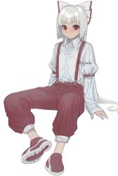 Rule 34 | 1girl, absurdres, arm support, artist name, blunt bangs, blush, bow, expressionless, flat chest, fujiwara no mokou, full body, hair bow, highres, juliet sleeves, long hair, long sleeves, looking at viewer, nose blush, pants, puffy sleeves, red bow, red eyes, red footwear, red pants, shirt, silver hair, simple background, sitting, solo, suspenders, touhou, upper body, white background, white bow, white shirt, wing collar, yadoyuki