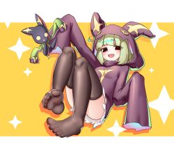 Rule 34 | 1girl, 1other, absurdres, animal ears, animal hood, araga kiwi, arm up, black thighhighs, blazer, blush, breasts, convenient censoring, convenient leg, cosplay, costume switch, dot nose, eyebrows, eyelashes, fake animal ears, feet up, floating, foot focus, full body, green blazer, green hair, hand up, highres, hood, hood up, hoodie, jacket, knees up, leoparde (mahou shoujo ni akogarete), levitation, load lawer, mahou shoujo ni akogarete, medium hair, mole, mole under eye, no pupils, open mouth, outstretched arm, petite, purple hoodie, reclining, red eyes, simple background, sleeves past wrists, small breasts, smile, teeth, thighhighs, toenails, toes, upper teeth only, venalita, yellow background, yellow eyes