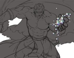 Rule 34 | 1boy, abs, bara, beard, bulge, cape, facial hair, fate/zero, fate (series), feet out of frame, gomtang, greyscale, holding, holding cape, holding clothes, iskandar (fate), large pectorals, looking at viewer, male focus, mature male, monochrome, muscular, muscular male, navel, no nipples, pectorals, pelvic curtain, red eyes, red hair, saint quartz (fate), short hair, sketch, smirk, solo, stomach, thick thighs, thighs, topless male, unfinished, wind