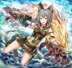 Rule 34 | 10s, 1girl, animal ears, boots, claw (weapon), claws, collar, erune, fire, granblue fantasy, grey hair, hair between eyes, highres, hourainingyou, looking at viewer, open mouth, red eyes, sen (granblue fantasy), skirt, smile, solo, weapon