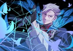 Rule 34 | 1boy, black background, black gloves, blue butterfly, blue eyes, blue wings, bug, butterfly, butterfly wings, cheekbones, fate/grand order, fate (series), gloves, grey hair, grin, highres, insect, insect wings, james moriarty (archer) (fate), kimidorix32, male focus, old, old man, sideburns, silk, smile, solo, spider web, upper body, white hair, wings