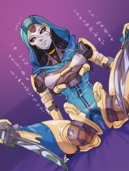 Rule 34 | 1girl, abyuramu yukidaruma, android, animification, apex legends, ash (titanfall 2), black sclera, blue leotard, breasts, colored sclera, cracked skin, hood, hood up, hooded leotard, leotard, metal skin, purple background, science fiction, simulacrum (titanfall), sitting, small breasts, solo, spread legs, translated, yellow eyes