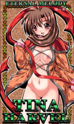 Rule 34 | 1girl, blush, breasts, brown background, brown hair, capelet, cleft of venus, eternal melody, fang, hassaku (rapidangel), holding, jacket, large breasts, long hair, long sleeves, looking at viewer, naked jacket, navel, nipples, open clothes, open jacket, open mouth, orange jacket, pussy, red capelet, red eyes, ribbon, smile, standing, tina harvel