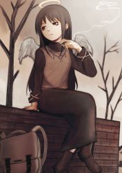 Rule 34 | 1girl, absurdres, angel wings, ankle boots, arm support, bag, bags under eyes, bare tree, black eyes, black hair, black shirt, black skirt, boots, brick wall, brown footwear, brown vest, cigarette, commentary, day, eyebrows hidden by hair, haibane renmei, halo, hand up, highres, holding, holding cigarette, jewelry, lacker strike (akkira setsu), long hair, long skirt, looking away, necklace, outdoors, overcast, parted lips, reki (haibane), shirt, sidelocks, sitting, skirt, skirt set, sky, smoke, solo, tree, vest, white wings, wings